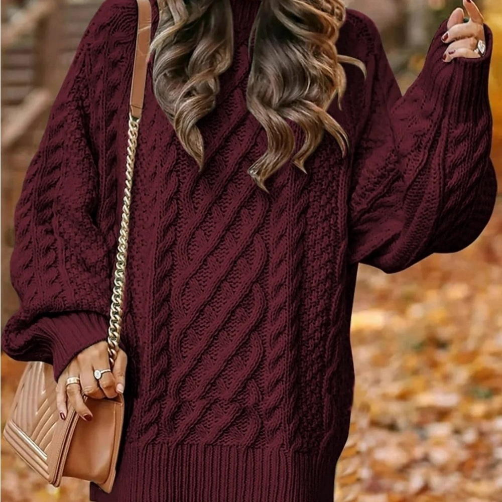 Cozy Cable Knit Oversized Sweater Dress - Burgundy - Picture 2 of 6